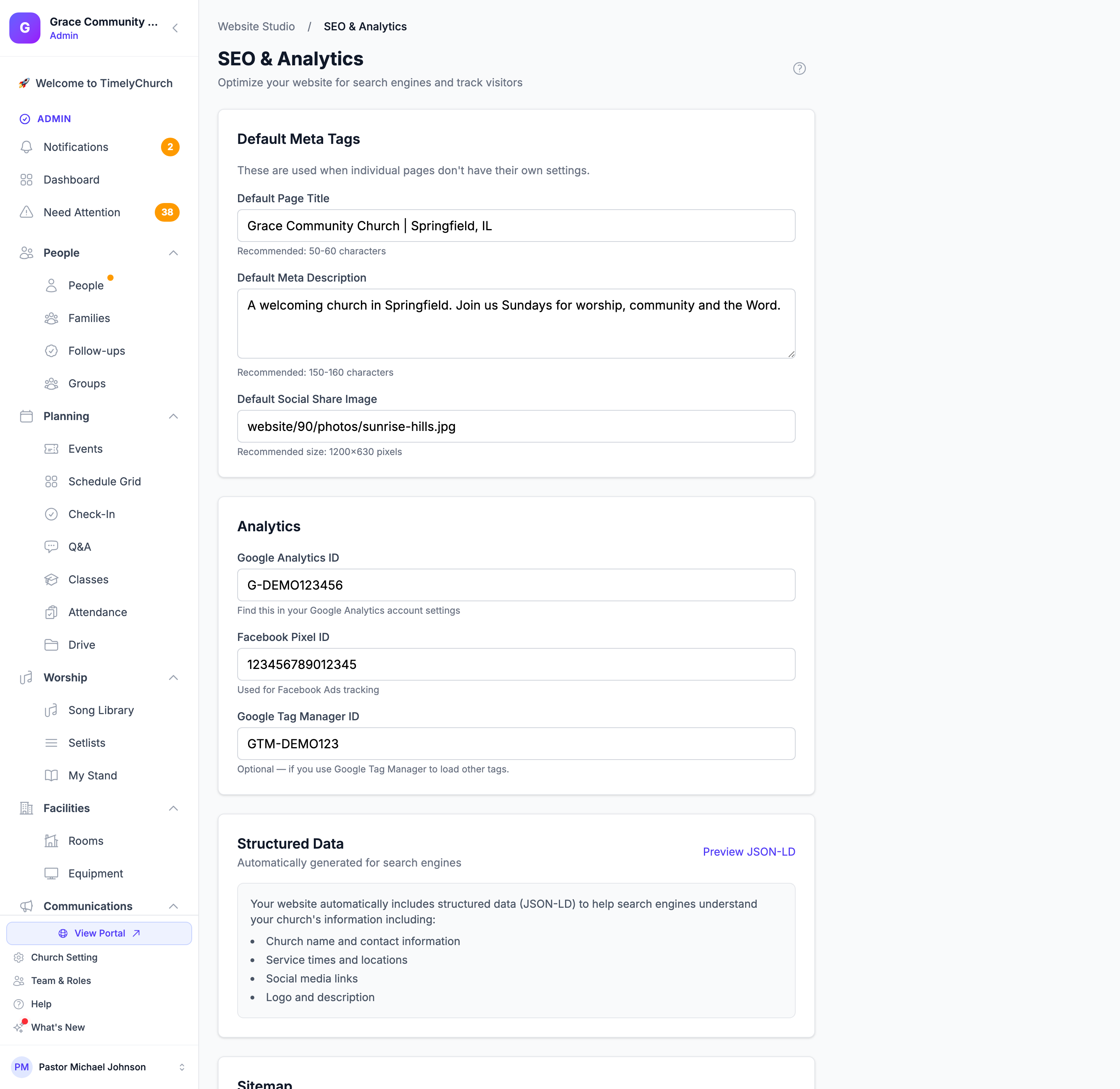 The SEO & Analytics page with the Default Meta Tags and Analytics cards