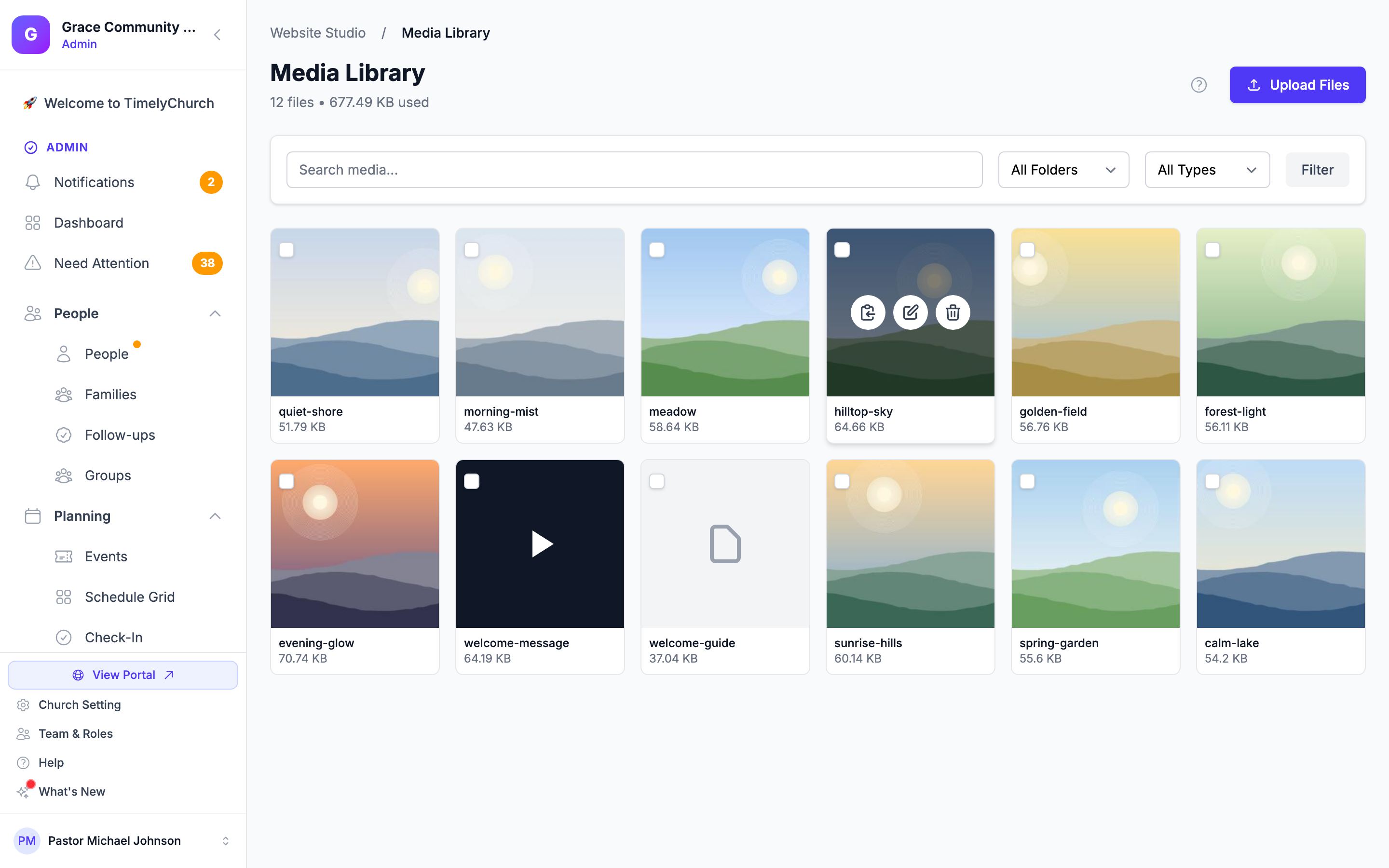 The Media Library with the Upload Files button, the search and filter bar, and a grid of uploaded files