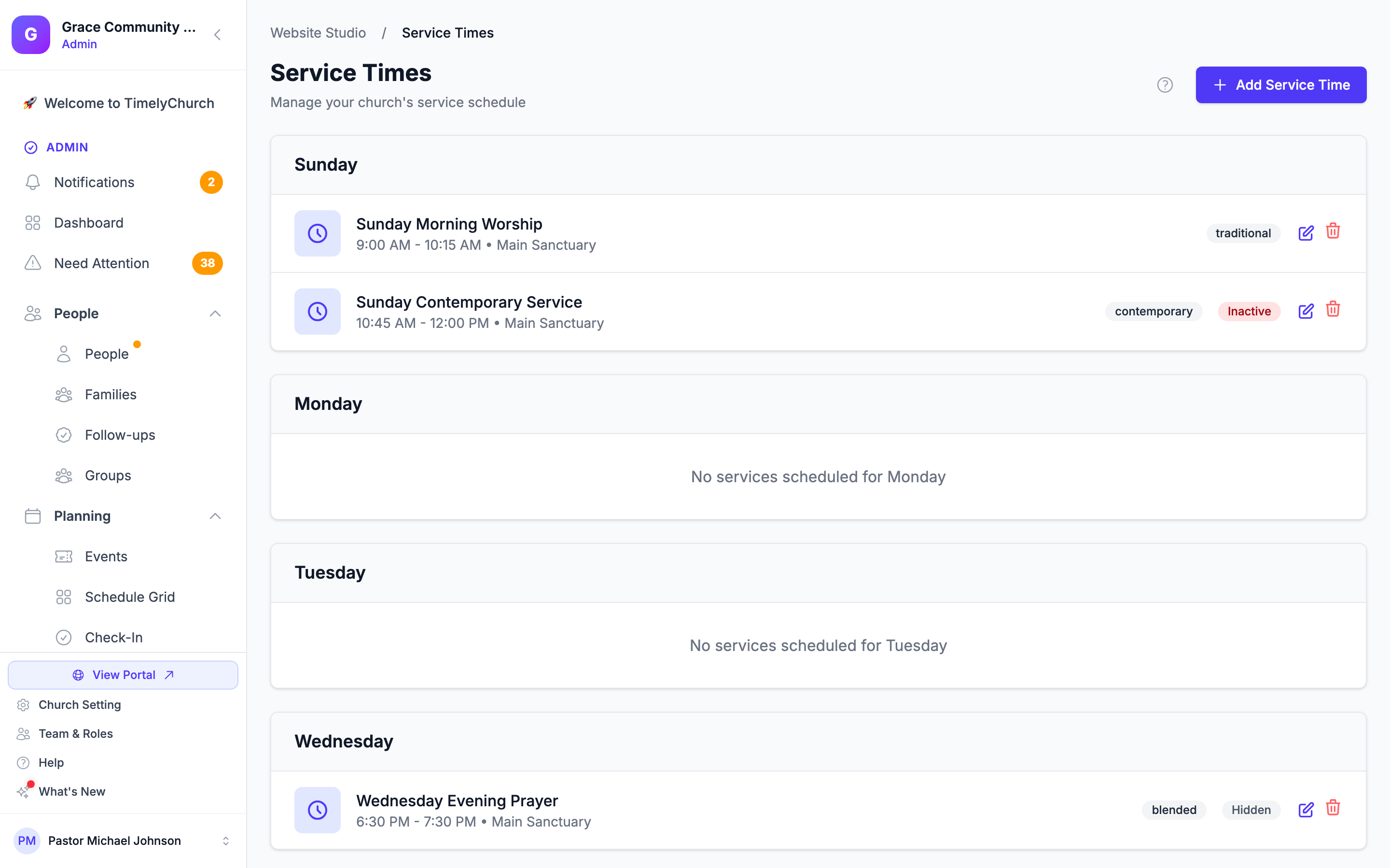The Service Times page with services grouped by day, their Inactive and Hidden badges, and the Add Service Time button