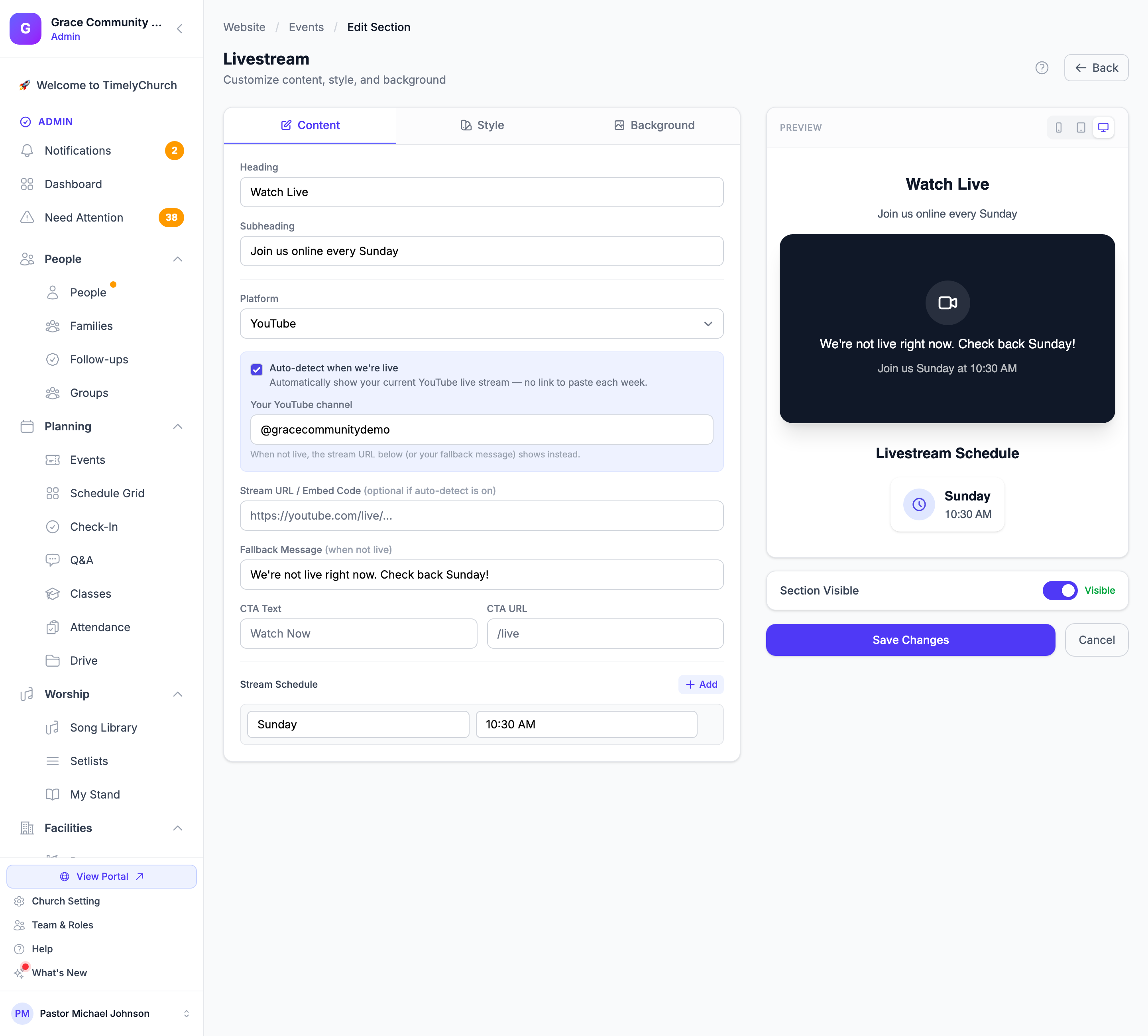 The Livestream section editor with the platform, stream URL, fallback message and auto-detect settings beside the live preview