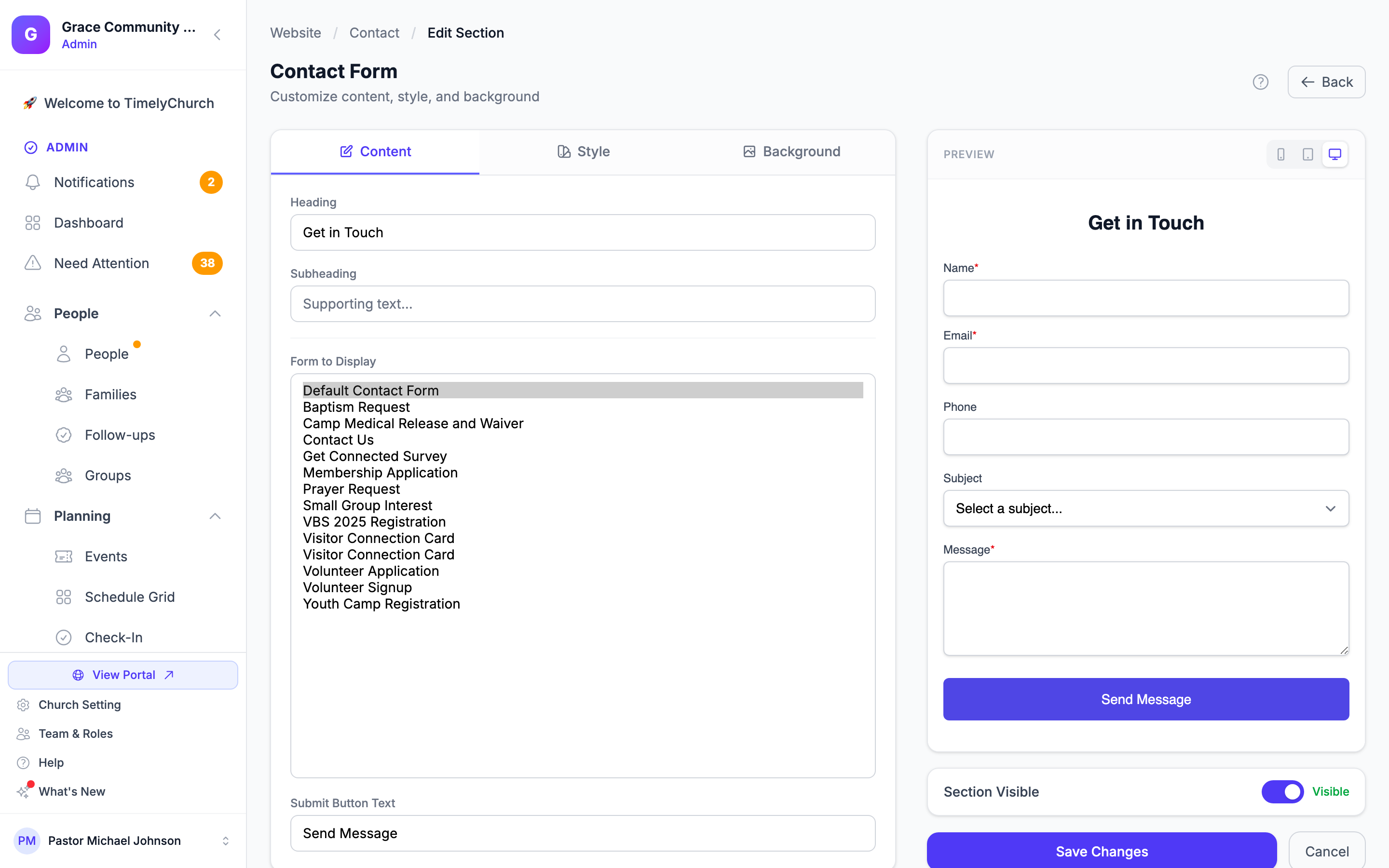 The Contact Form section editor with the Heading, Subheading and Form to Display fields beside the live preview