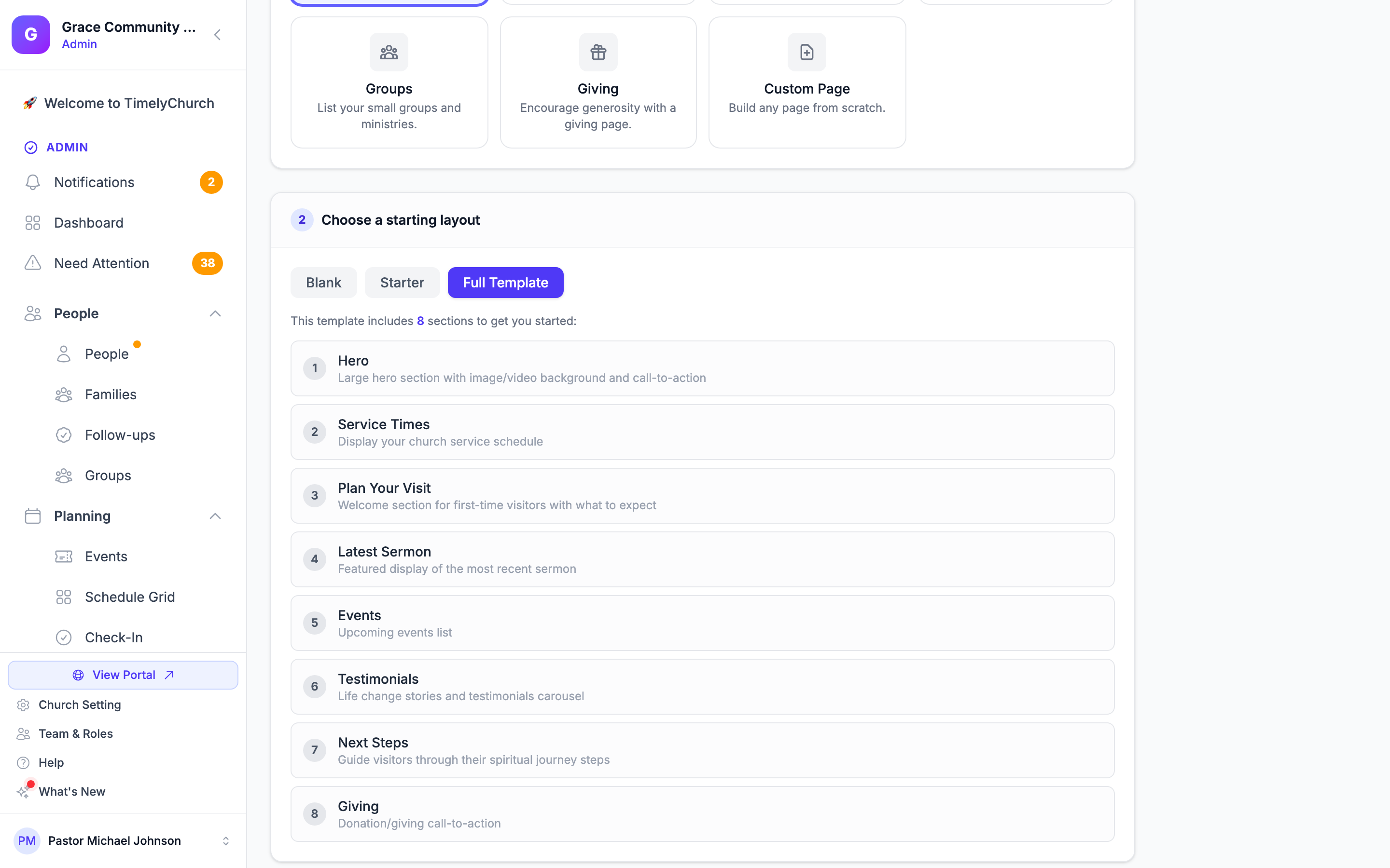 The Create Page wizard's template step, showing the Blank, Starter and Full templates and the sections each one includes