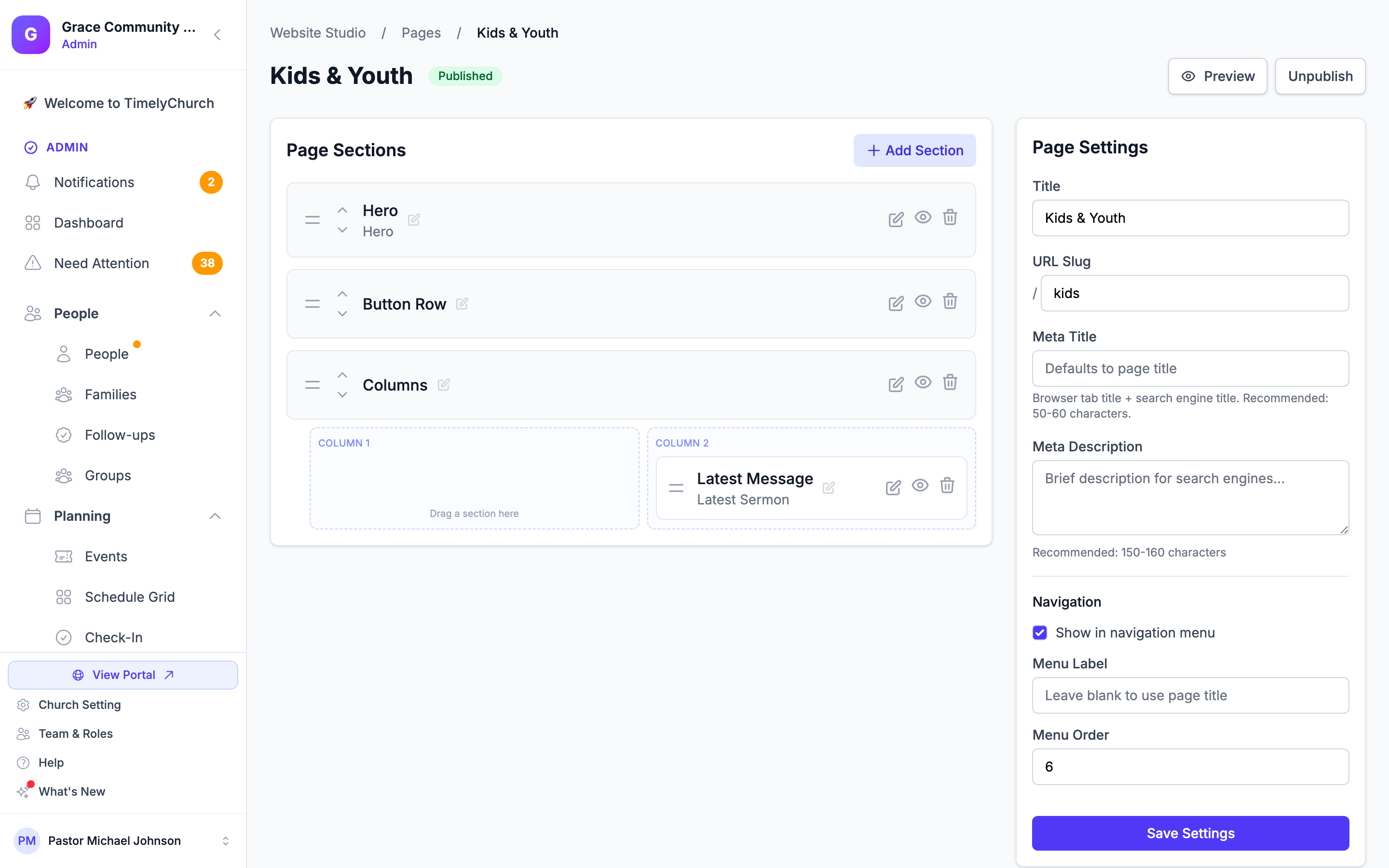 A Columns section in the page editor with its column drop zones, one holding a whole section