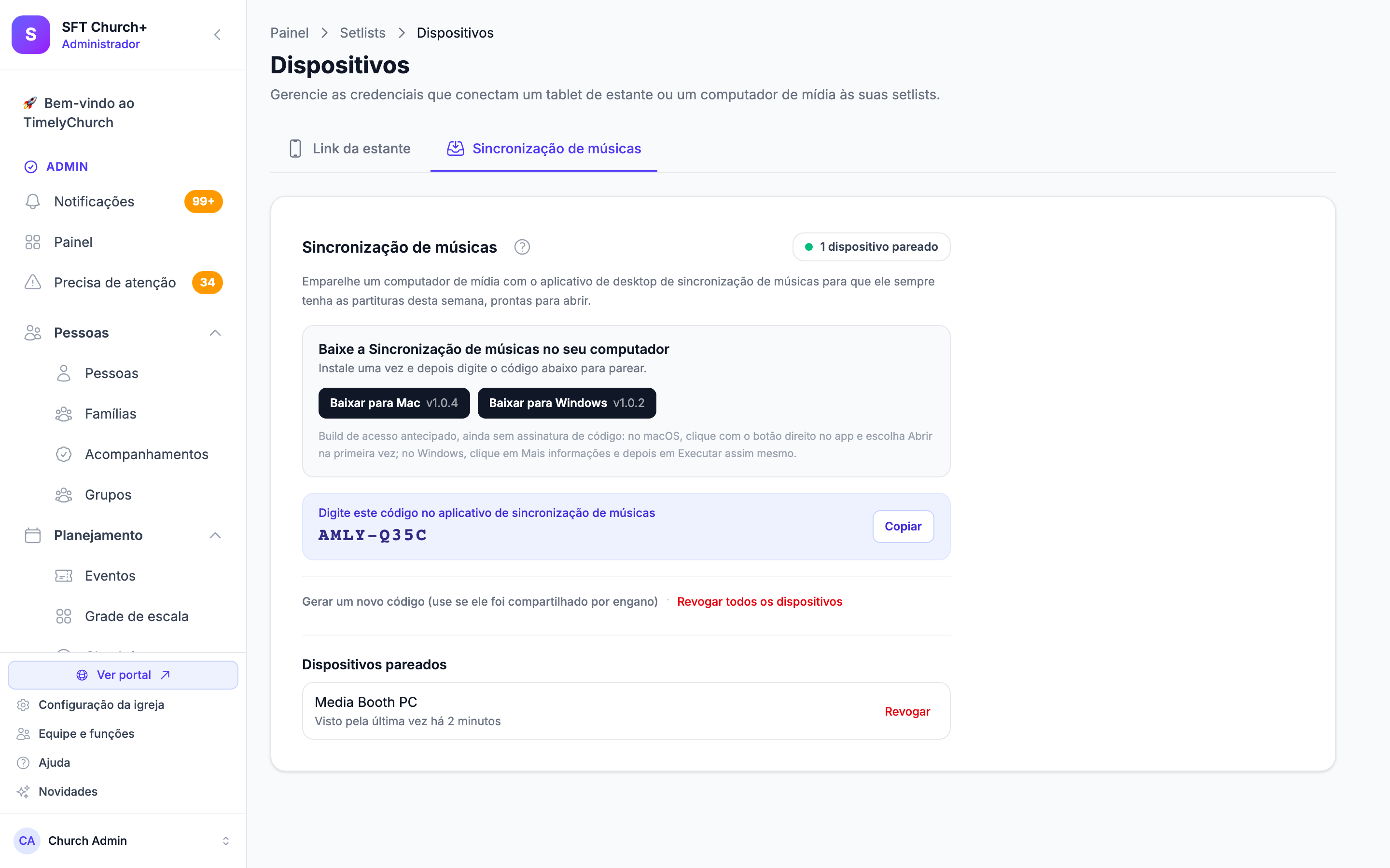 a página de Dispositivos na aba Sincronização de músicas, mostrando o cartão "Baixe a Sincronização de músicas no seu computador" com os botões Baixar para Mac v1.0.4 e Baixar para Windows v1.0.2, a caixa "Digite este código no aplicativo de sincronização de músicas" com um código e o botão Copiar, e a lista de Dispositivos pareados com um computador e sua linha "Visto pela última vez"